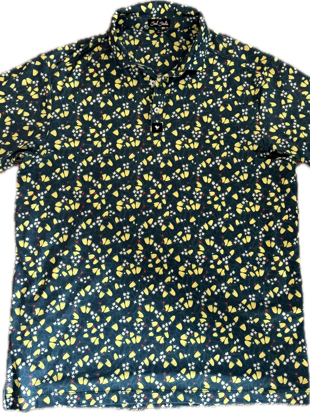 Bad Birdie Dark Green Polo with Yellow Floral Print